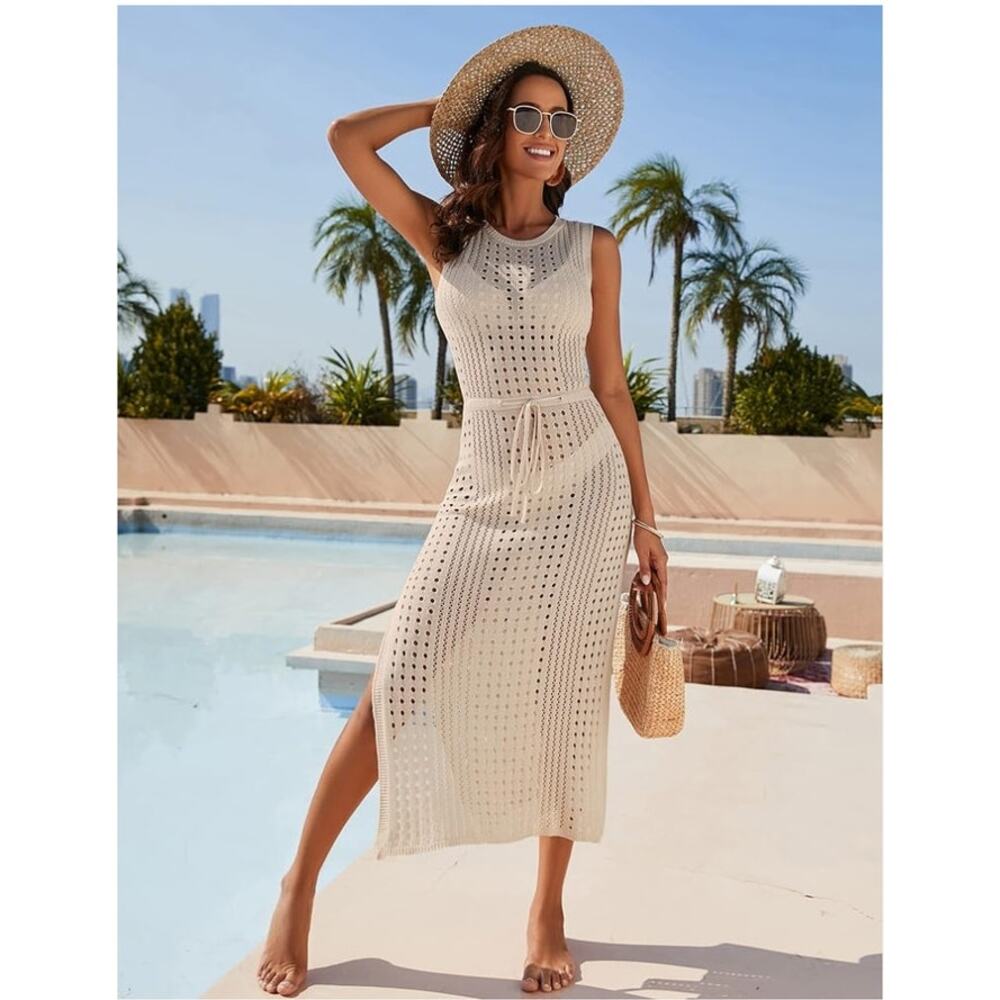 EUC Crochet Swim Cover Up Dress Beige Sleeveless Size Medium